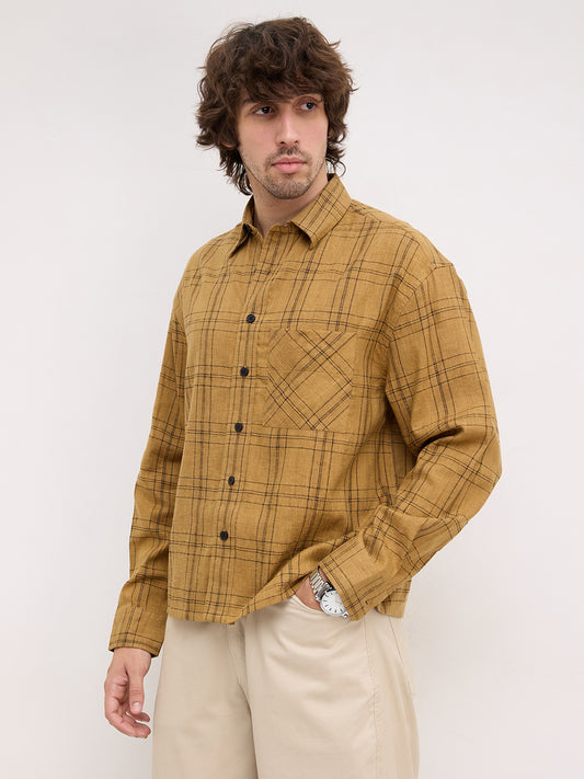 Khaki Contrast Windowpane Checks Boxy Fit Crop Shirt