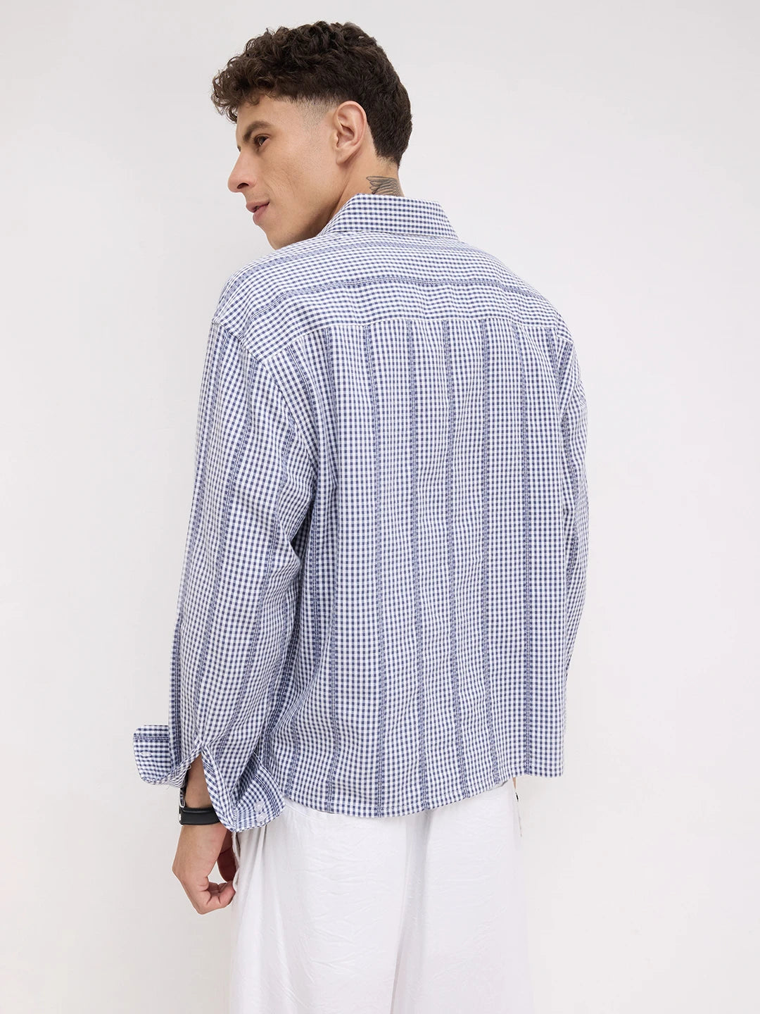 Breezy Blue Vacation Checks Boxy Fit Crop Shirt