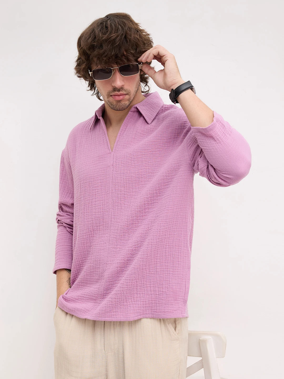 Deep Lilac Double Cloth Center Seam Oversized Polo Shirt