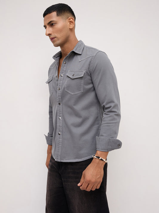 Slate Grey Contrast Stitch Twin Pocket Overshirt