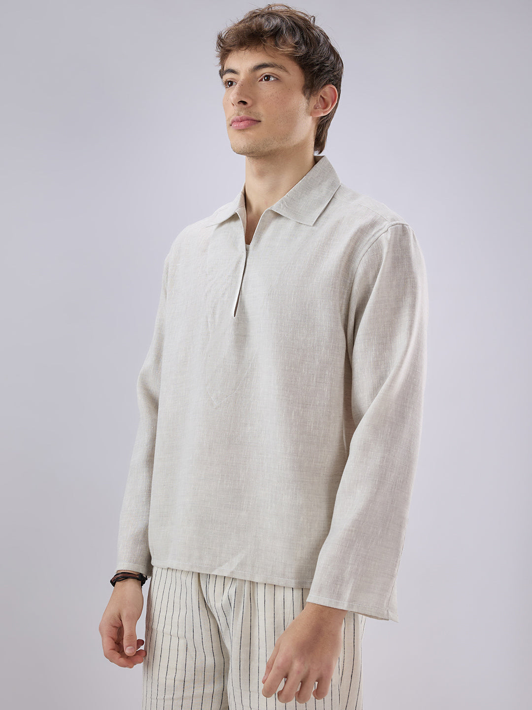 Greyish Green Textured Cuffless Oversized Shirt