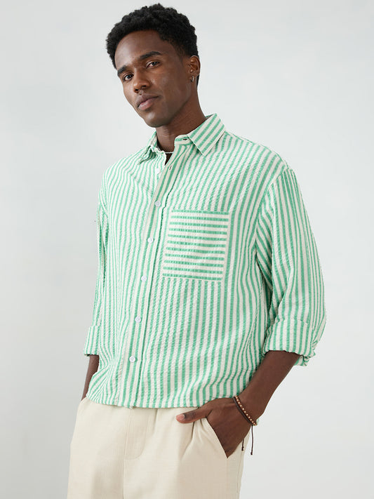 Spring Green Seersucker Candy Striped Boxy Fit Crop Shirt