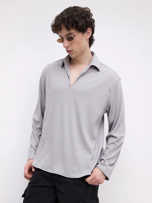 Ash Grey Dual Weave Striped Oversized Polo Knit Shirt