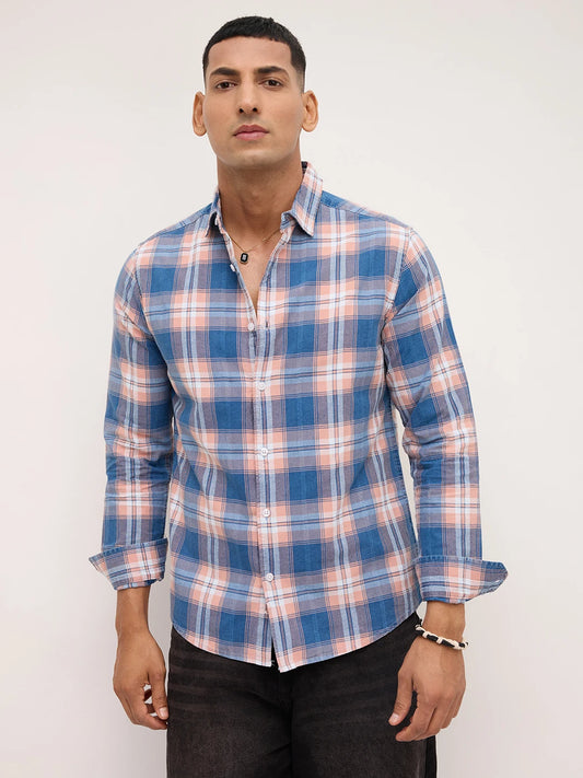 Premium Powder Blue Field Checks Denim Jacquard Shirt
