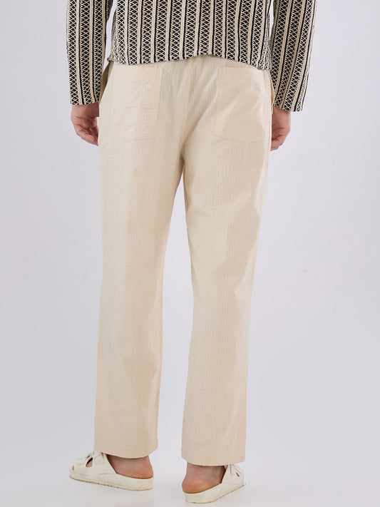 Bisque Beige Seersucker Striped Tapered Trousers