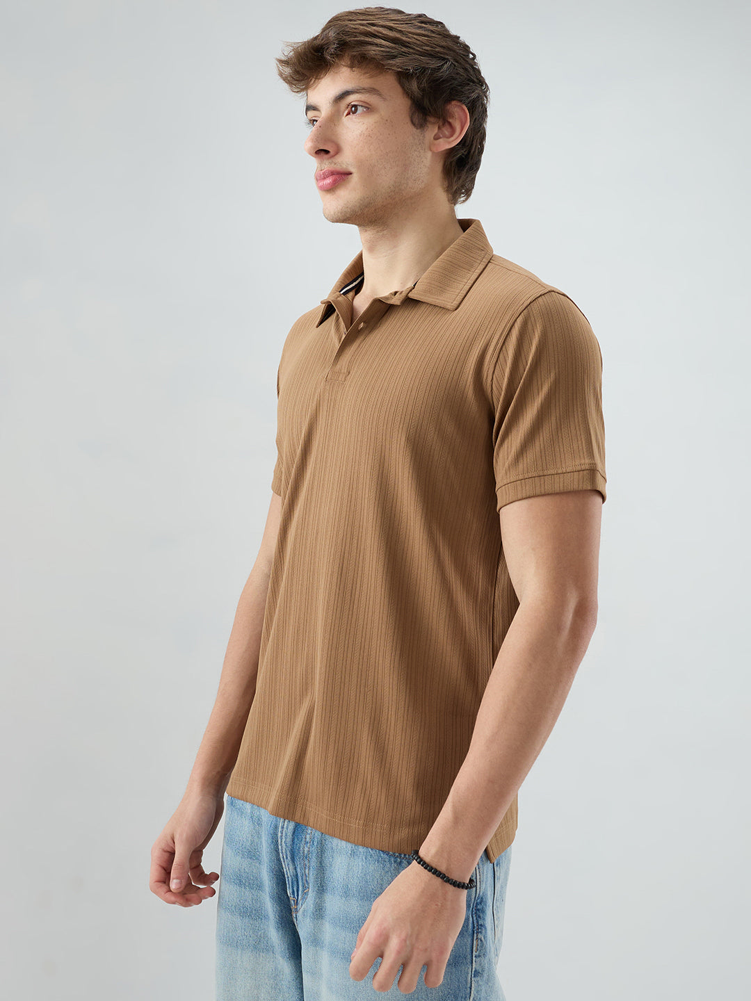 Refined Brown Hairline Striped Polo Knit T-Shirt