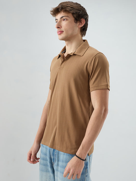 Refined Brown Hairline Striped Polo Knit T-Shirt