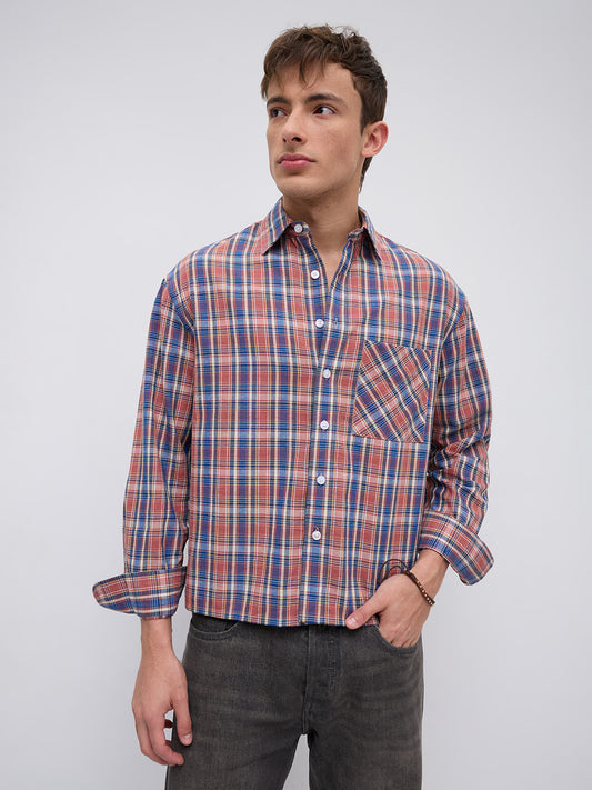 Sunset Denim Multi Checks Boxy Fit Crop Shirt