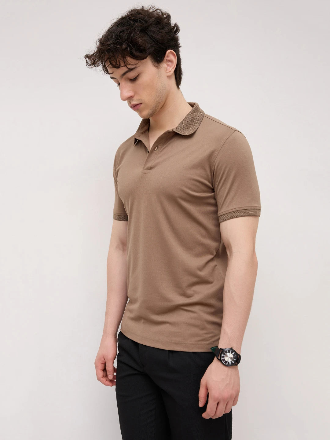 Deep Taupe Honecomb Polo Knit T-Shirt