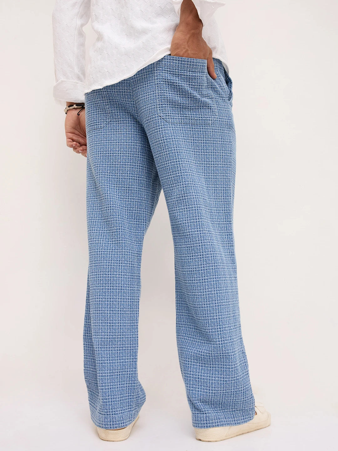 Denim Indigo Geometric Weave Straight Fit Trousers