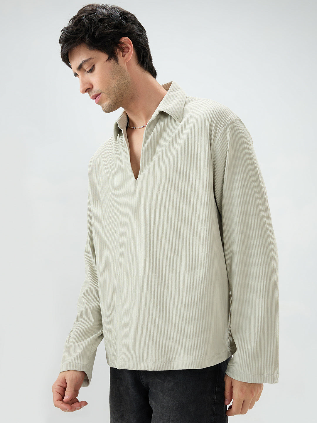 Sage Green Precision Ribbed Oversized Polo Knitted Shirt