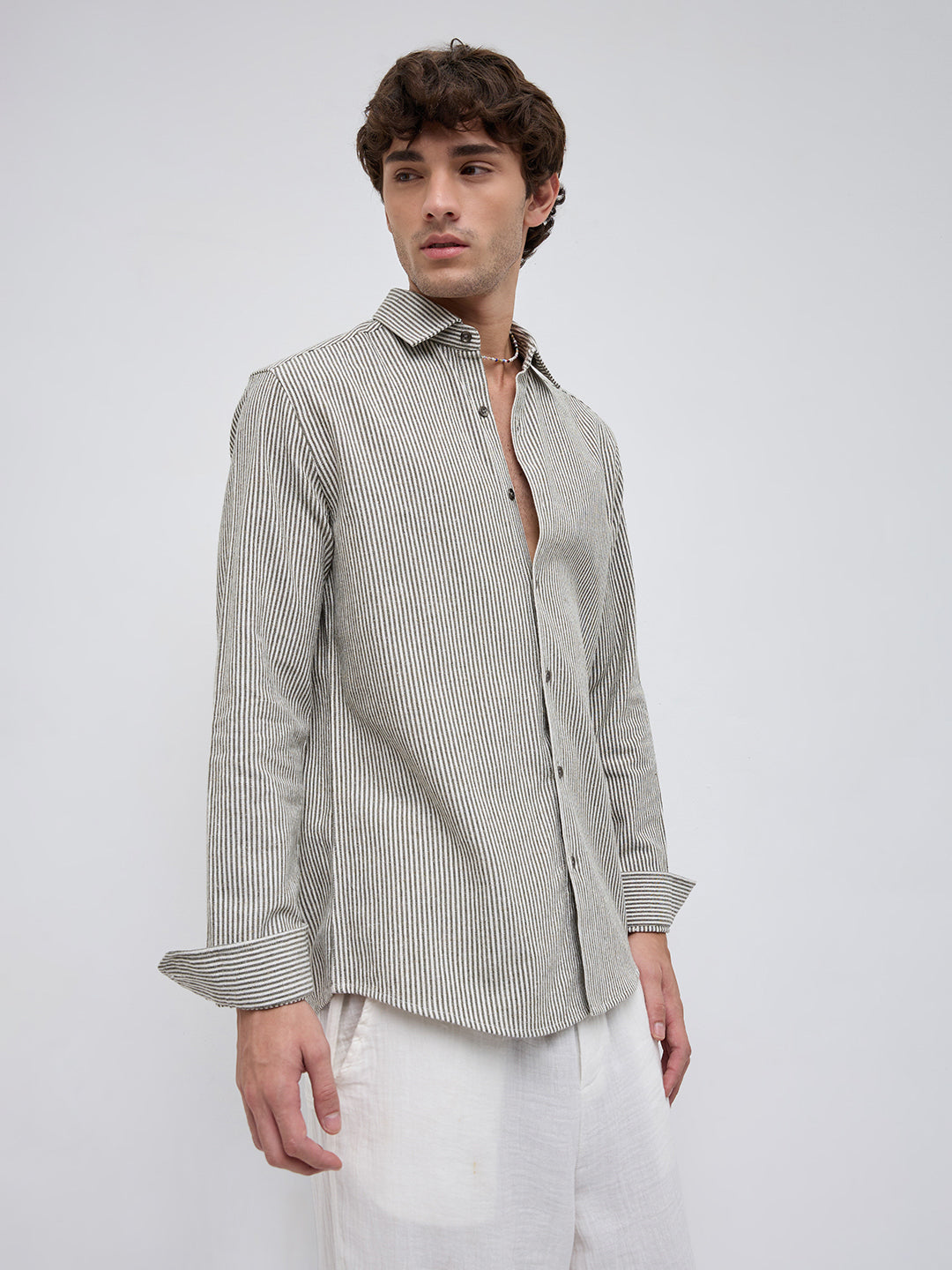 Olive & White Vertical Striped Relaxed Shirt