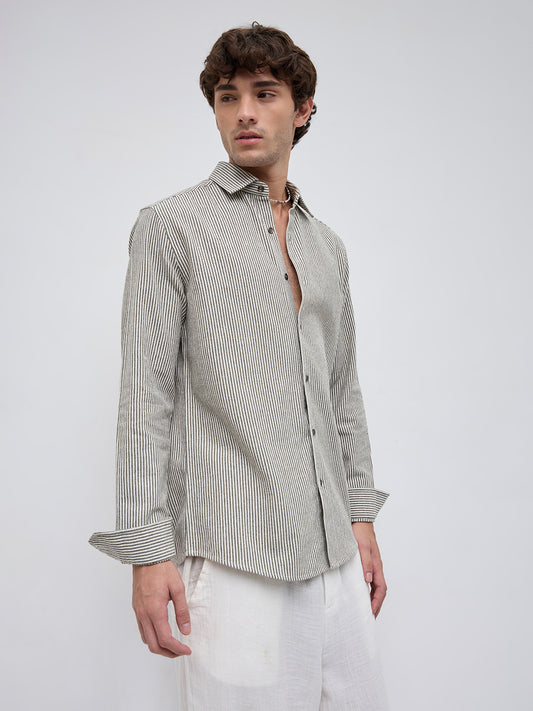 Olive & White Vertical Striped Relaxed Shirt