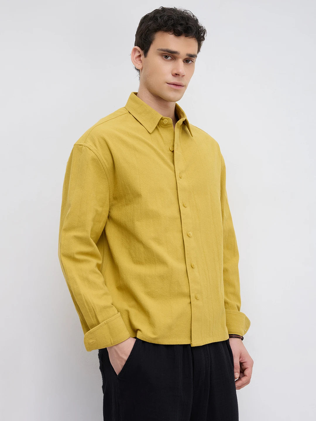 Intricate Dijon Yellow Textured Boxy Fit Crop Shirt