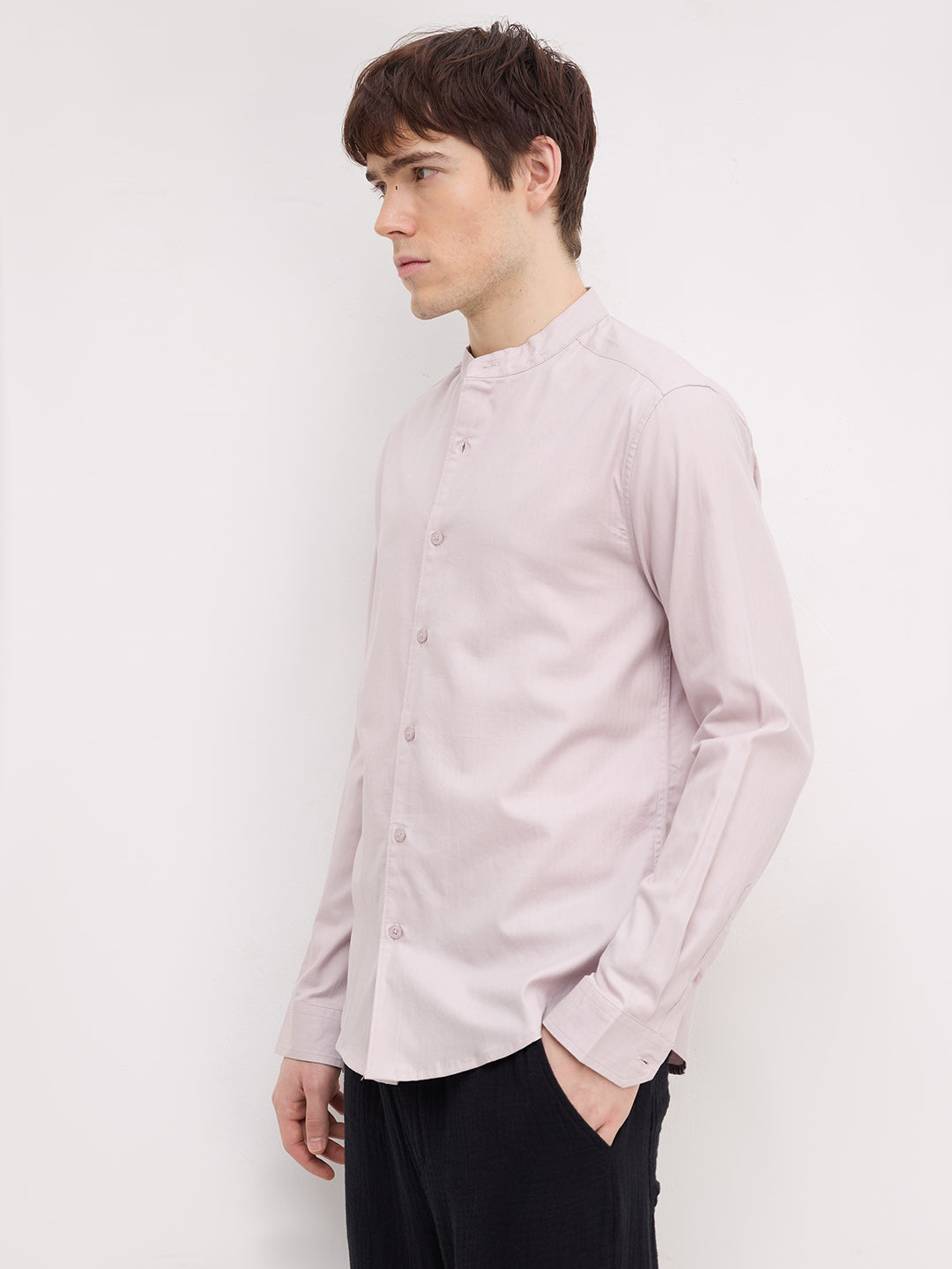 Cosmic Latte Beige Herringbone Textured Mandarin Shirt
