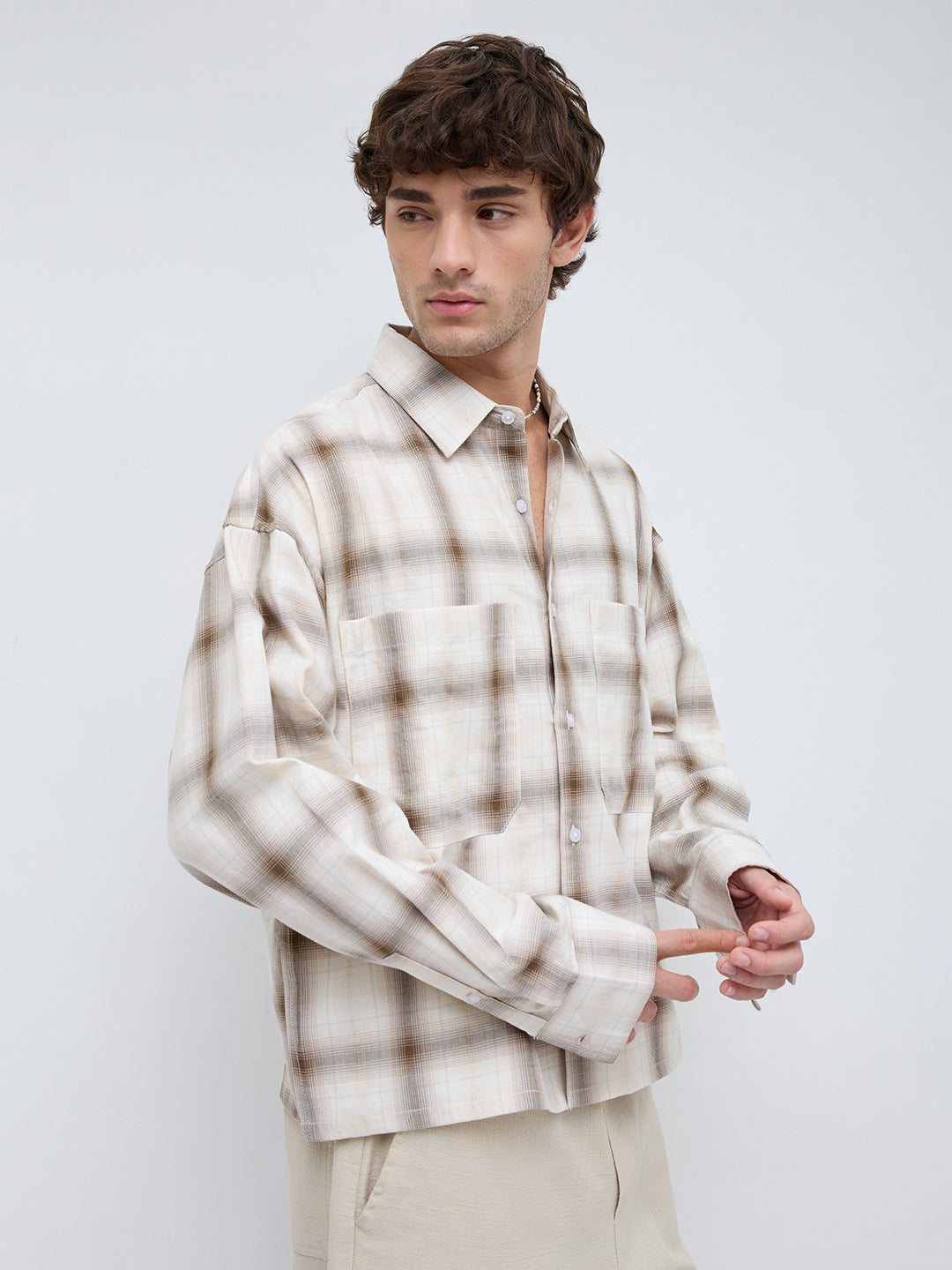 Beige & Brown Twin Pocket Boxy Fit Crop Shirt