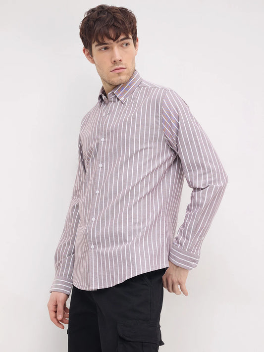 Brick Brown Candy Striped Oxford Button-Down Collar Shirt
