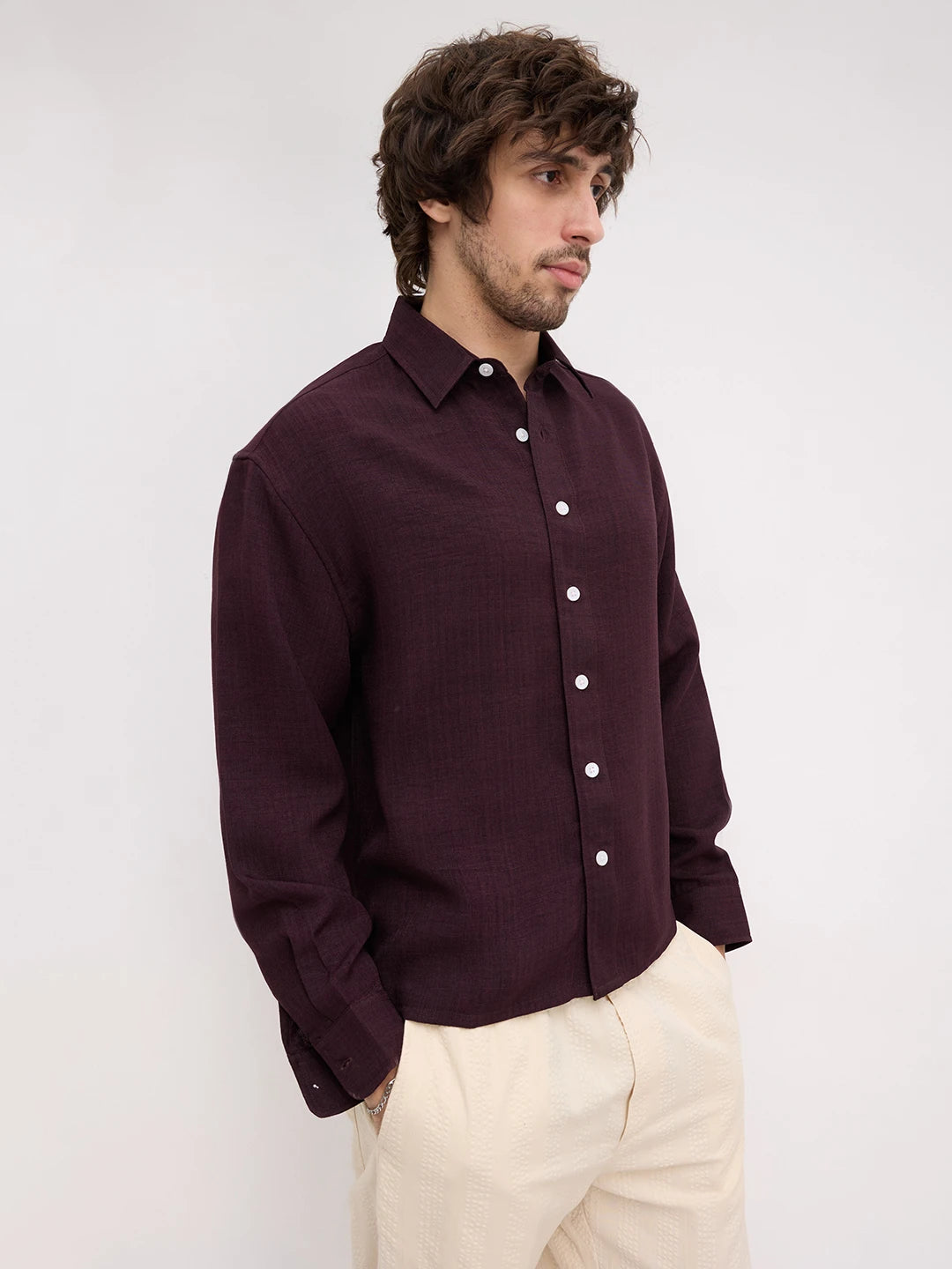 Opulent Wine Fine Textured Boxy Fit Crop Shirt