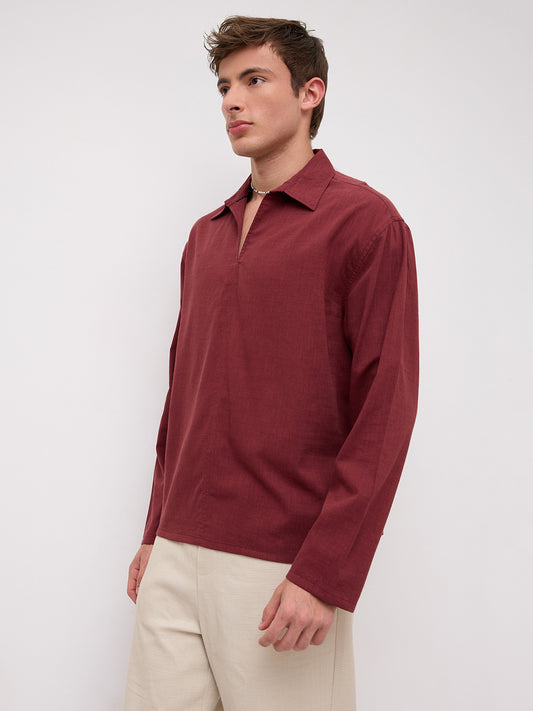 Maroon Slub Textured Center Seam Oversized Polo Shirt