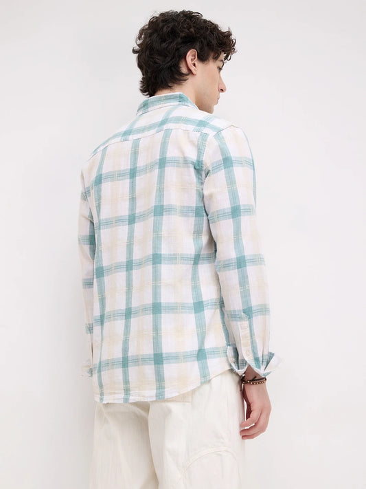 Premium Timeless Seafoam Green Linen Blend Block Checks Shirt