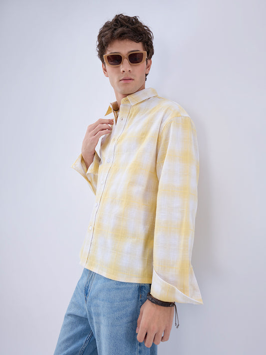 Sun Yellow Slub Grid Checks Boxy Fit Crop Shirt