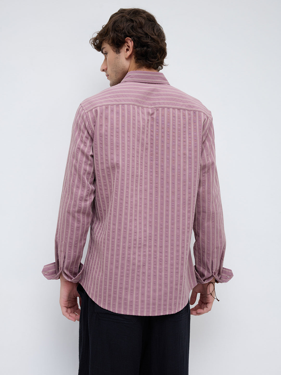 Luxe Raspberry Seersucker Glace Motif Contrast Embroidered Shirt
