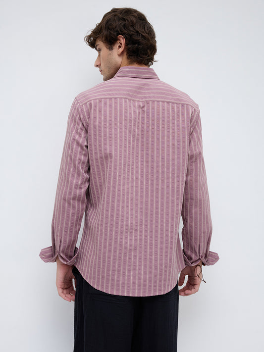 Luxe Raspberry Seersucker Glace Motif Contrast Embroidered Shirt