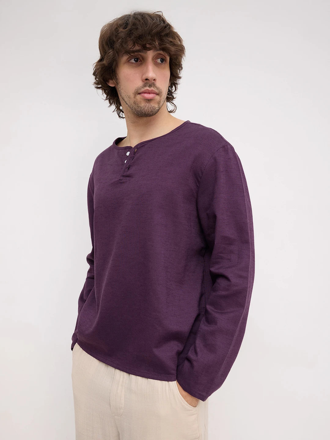 Luxe Plum Linen Blend Henley Neck Oversized Shirt