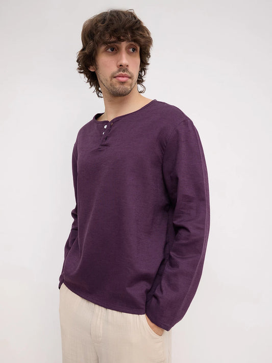 Luxe Plum Linen Blend Henley Neck Oversized Shirt