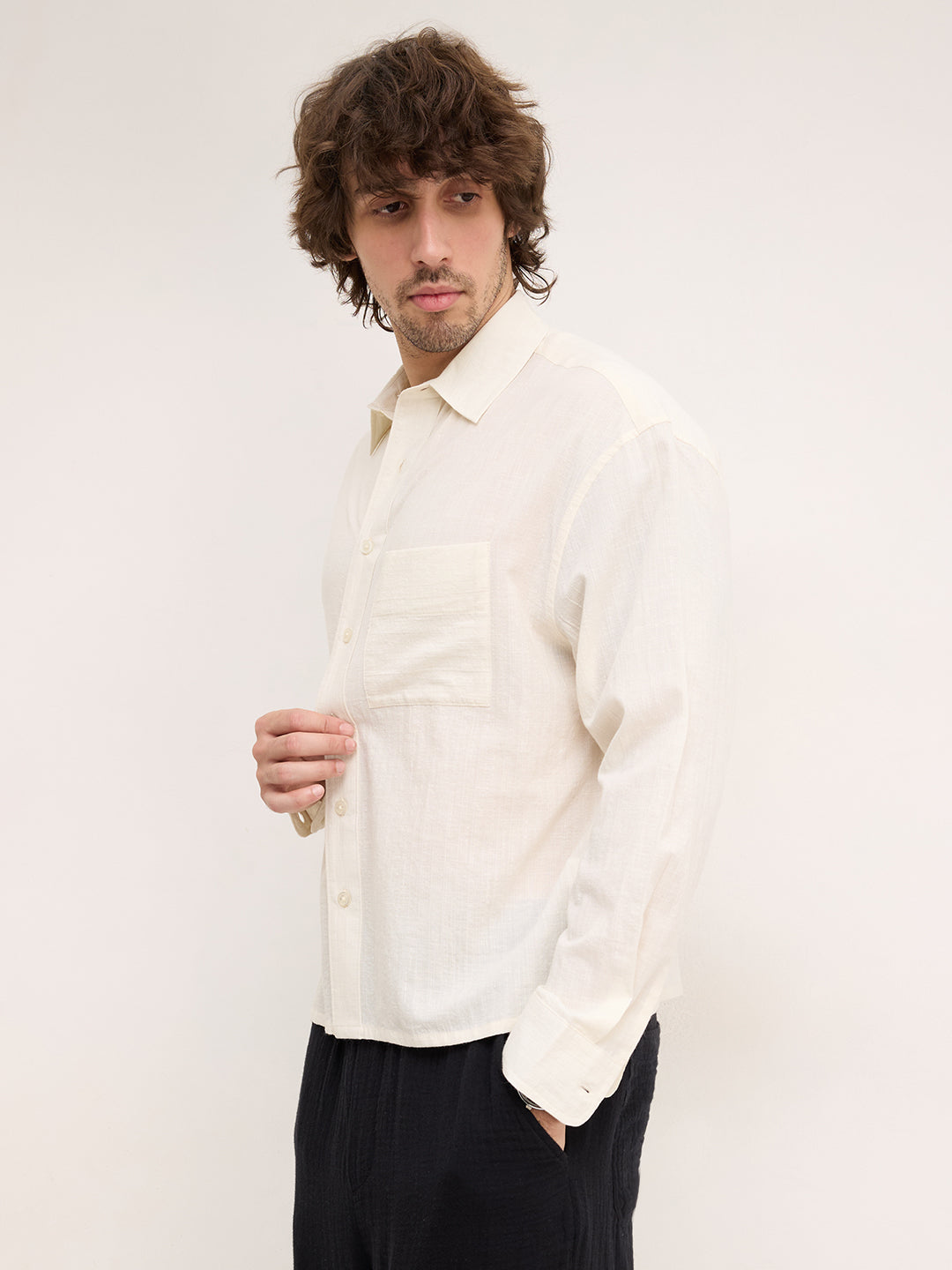 Spanish Cream Fine Striped Textured Boxy Fit Crop Shirt