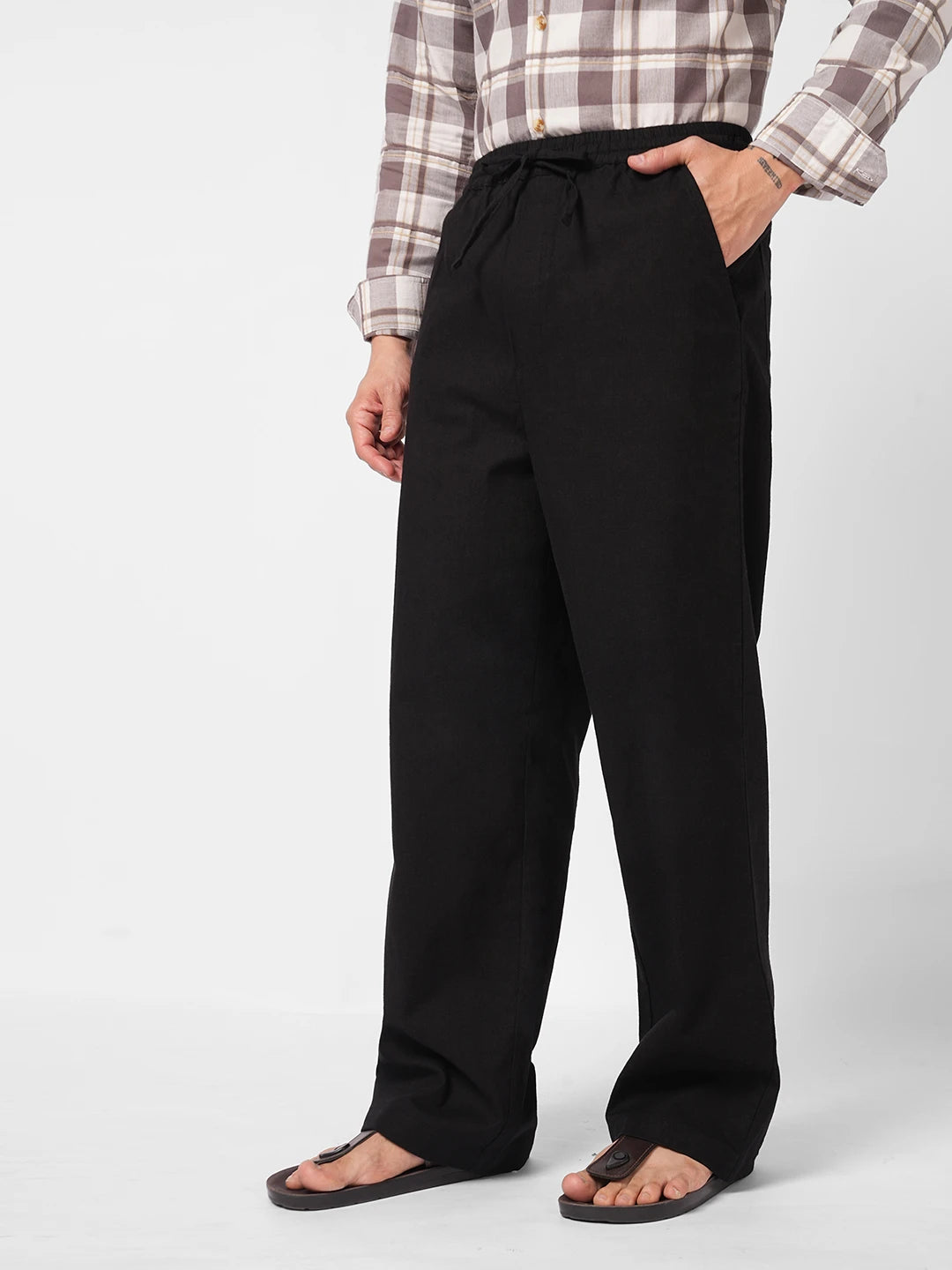 Timeless Black Slub Weave Straight Fit Trousers