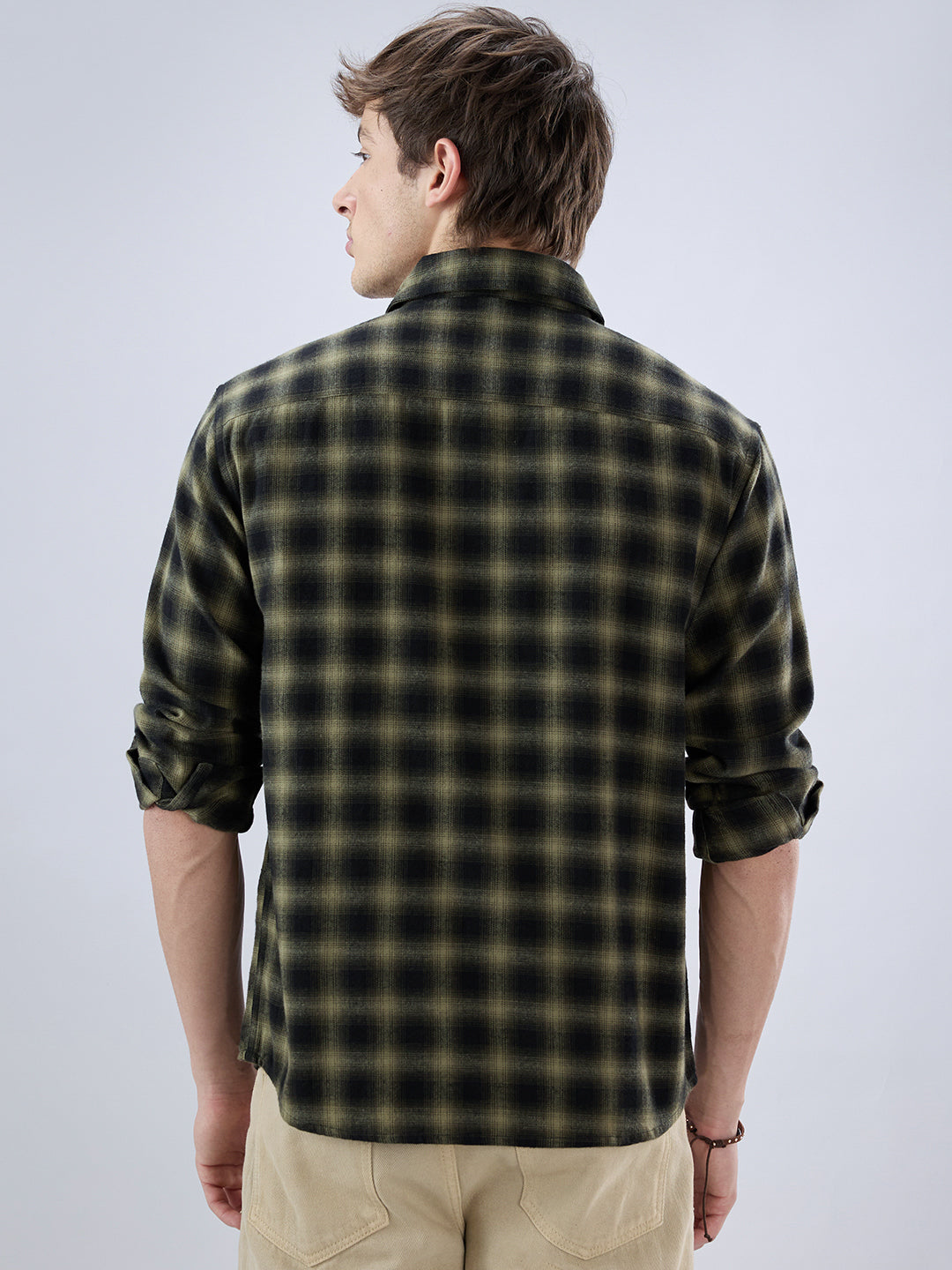 Deep Olive Soft Rustic Checks Double Pocket Shirt