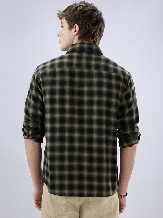 Deep Olive Soft Rustic Checks Double Pocket Shirt