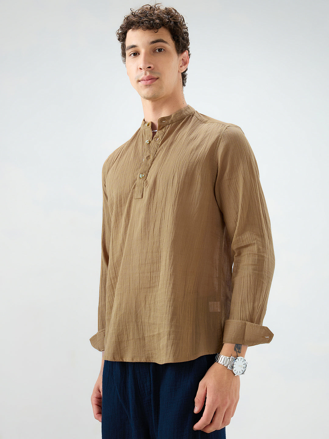 Sheer Khaki Linear Crepe Kurta