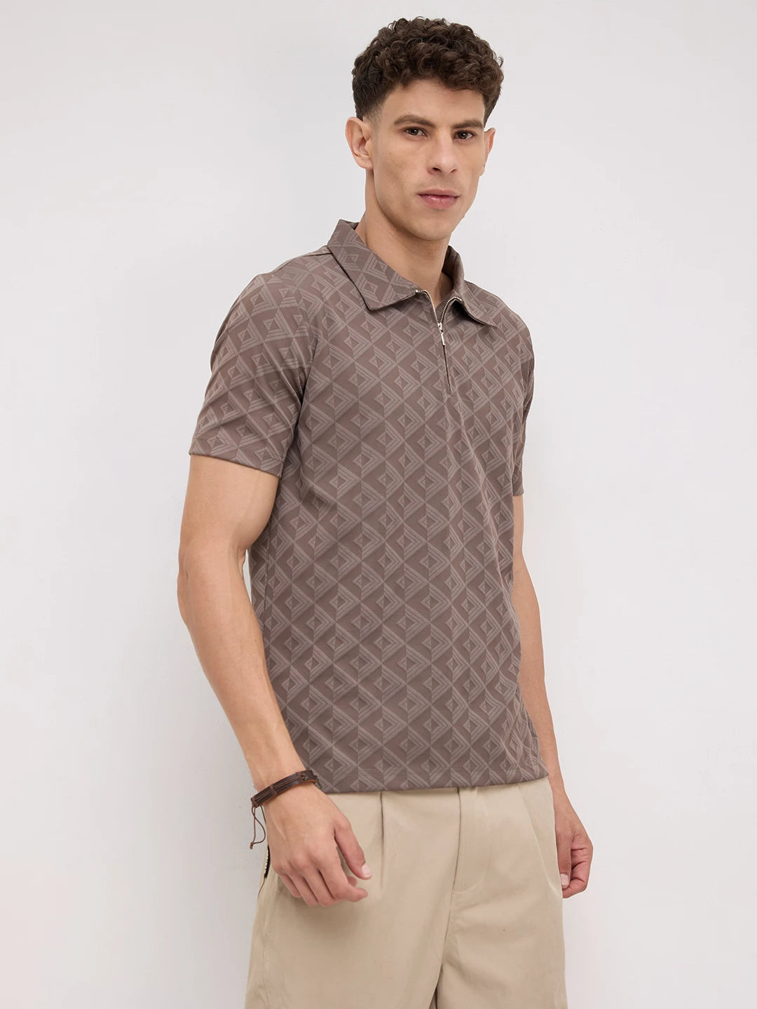 Cedar Brown Diamond Embossed Zip Polo Tee