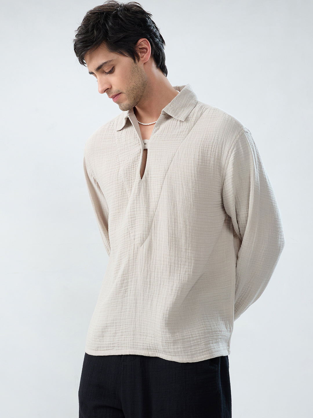 Cloud Grey Cuffless Double Cloth Oversized Shirt