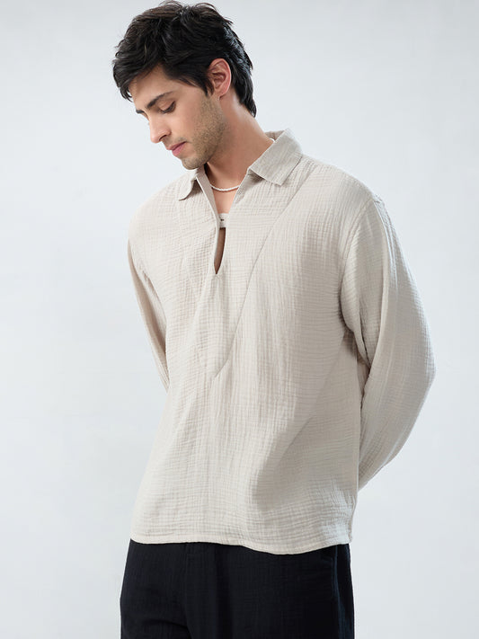 Cloud Grey Cuffless Double Cloth Oversized Shirt