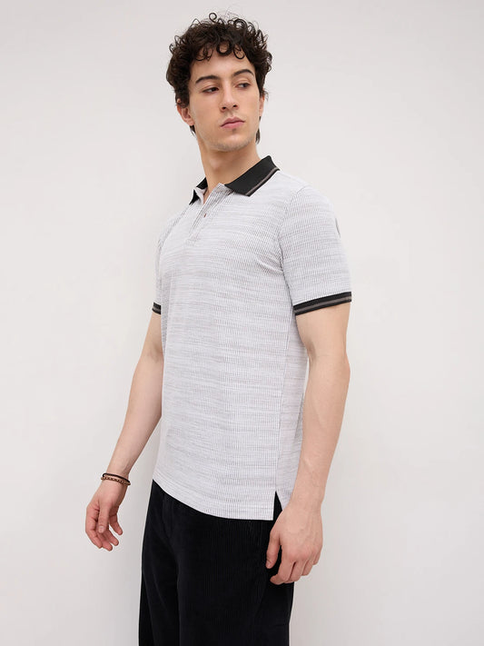 White Stripe Textured Contrast Polo Knit T-Shirt