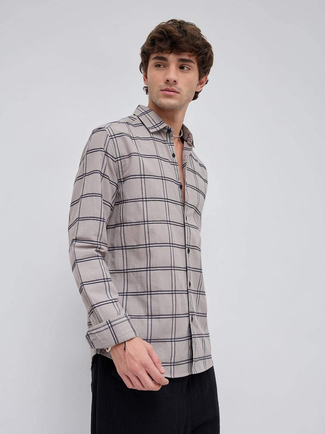 Grey Dimensional Contrast Windowpane Checks Shirt
