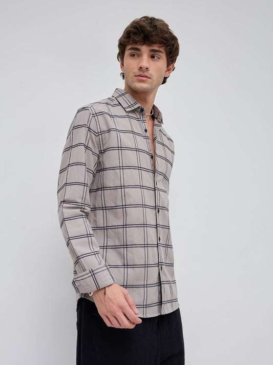 Grey Dimensional Contrast Windowpane Checks Shirt