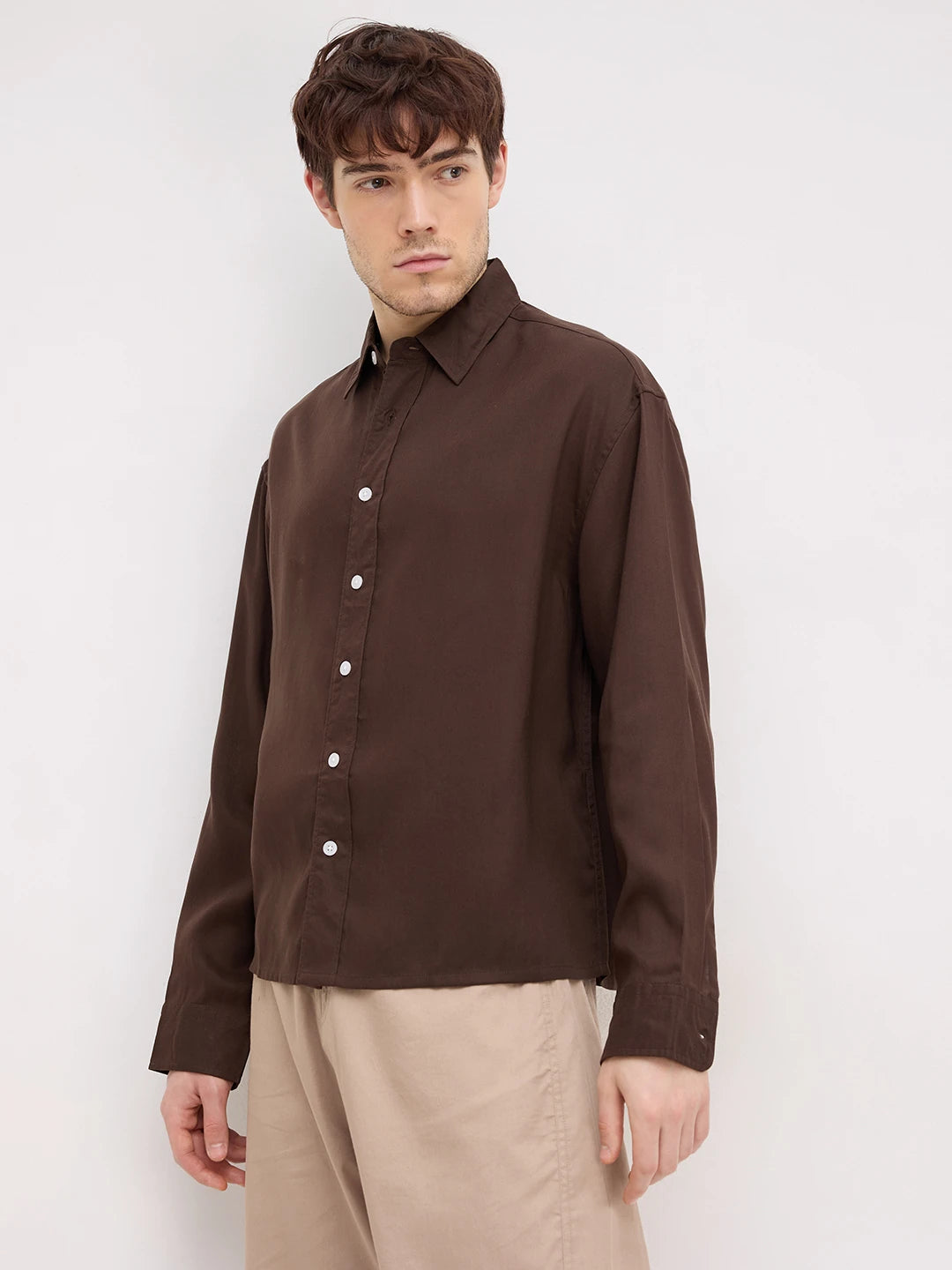 Luxe Espresso Brown Boxy Fit Crop Shirt