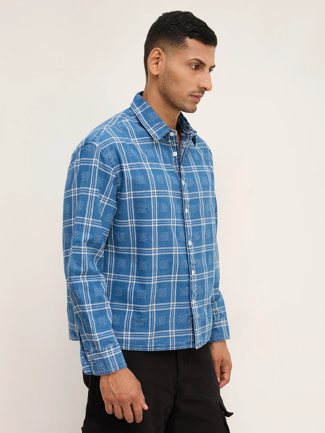 Denim Contrast Frame Checks Boxy Fit Crop Shirt