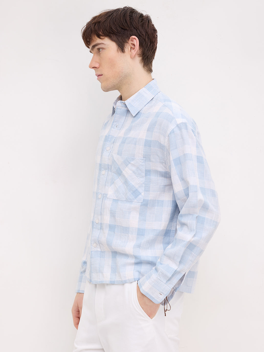 Arctic Blue Square Embossed Boxy Fit Crop Shirt