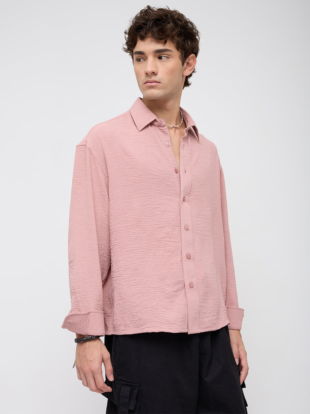 Trendy Spanish Pink Lightweight Crinkled Boxy Fit Crop Shirt