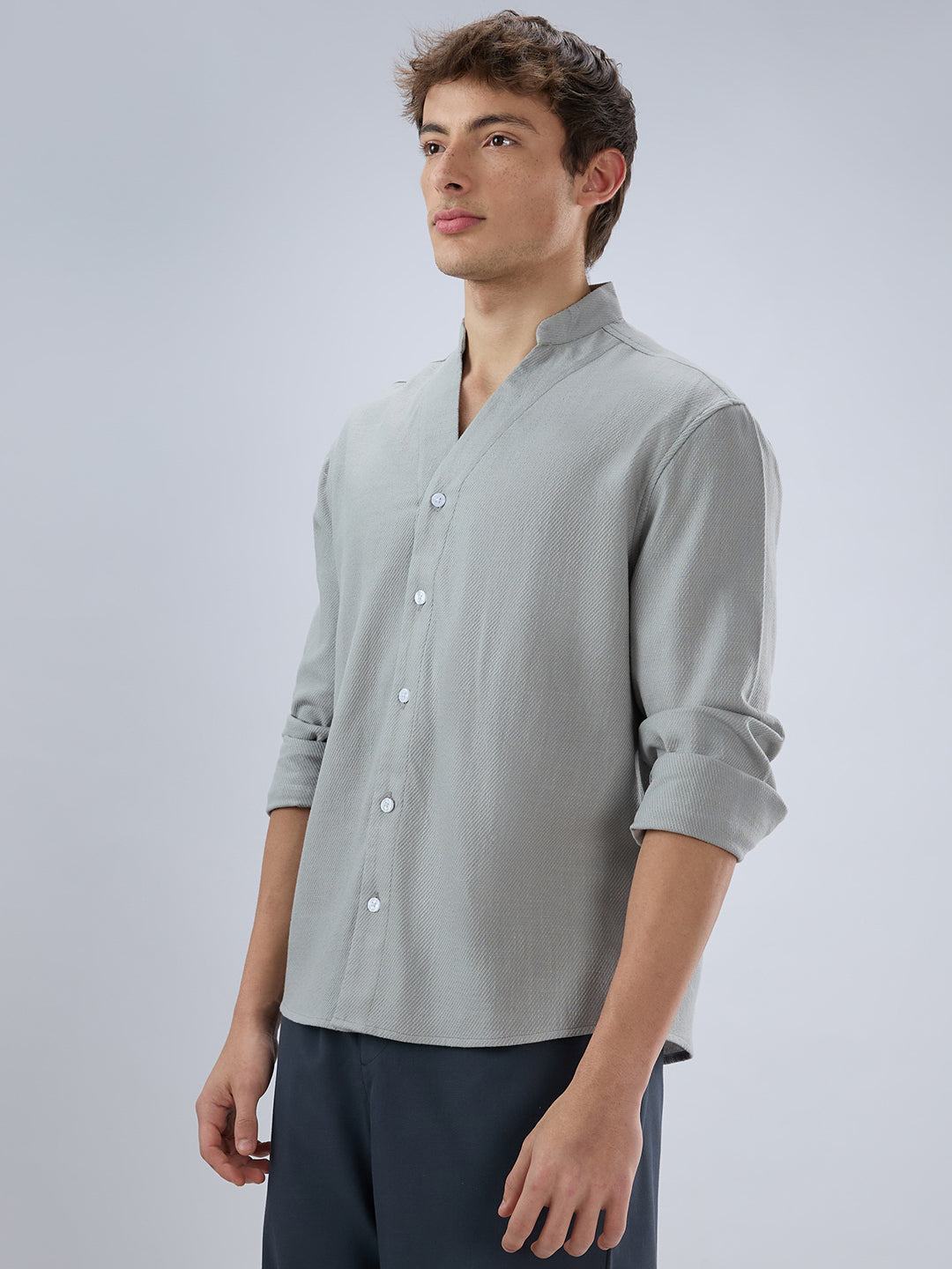 Plush Grey Diagonal Textured Stand Collar Oversized Shirt