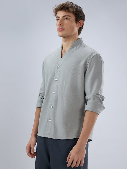 Plush Grey Diagonal Textured Stand Collar Oversized Shirt