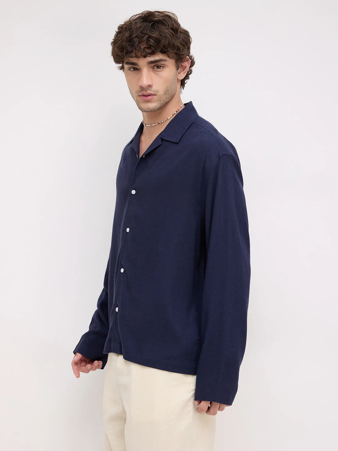 Luxe Navy Fine Textured Linen Blend Notch Collar Oversized Shirt