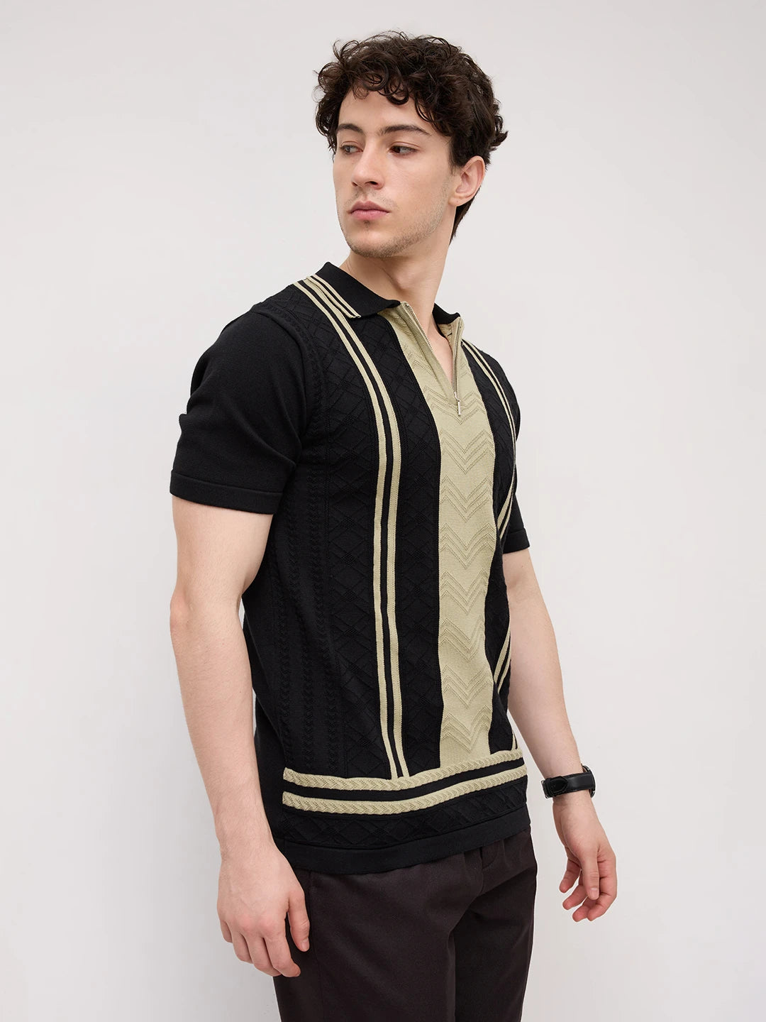 Sage Chevron Panel Zip Flat Knit Polo T-Shirt