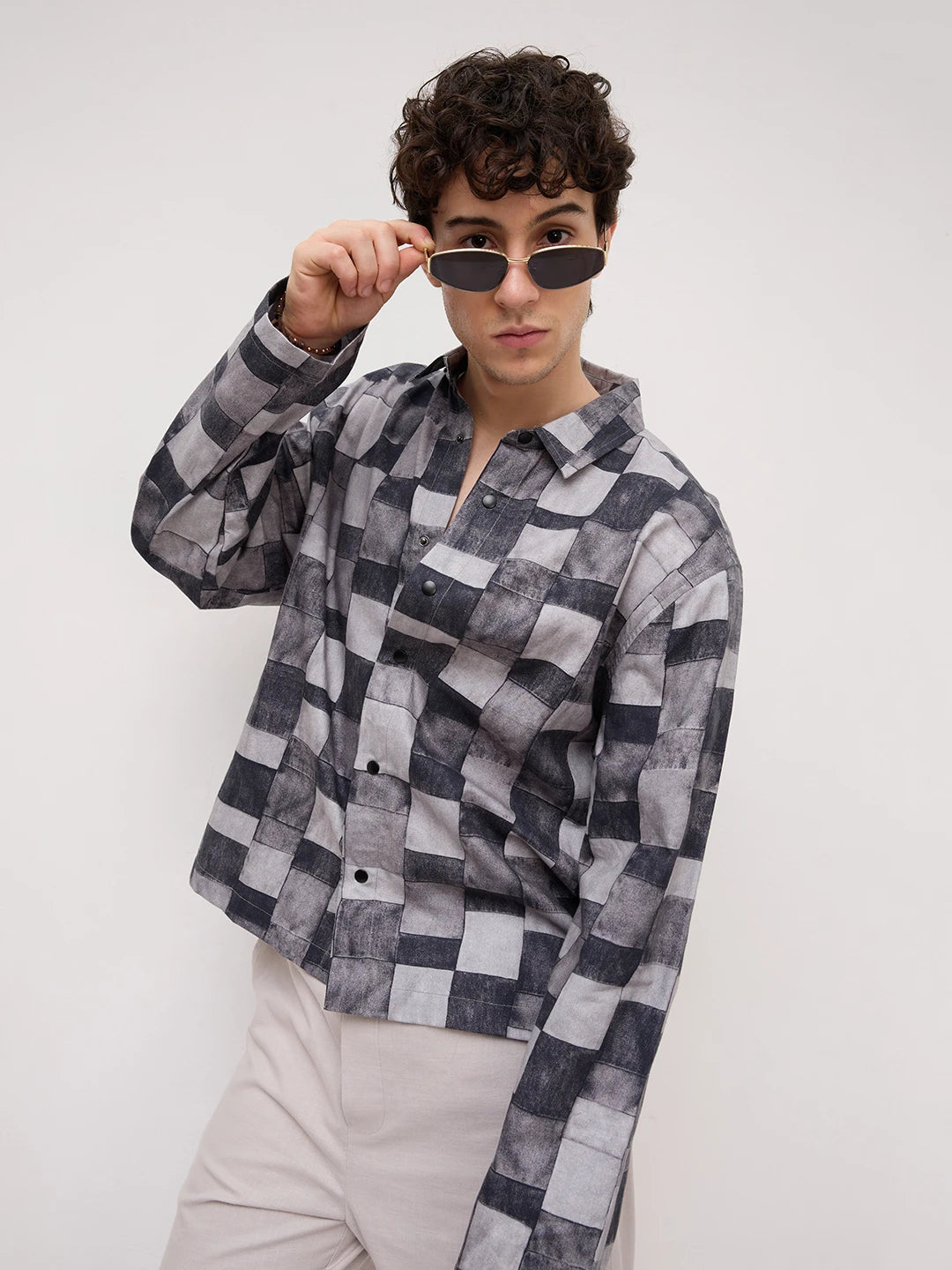Graphite Grey Abstract Printed Cuffless Oversized Shirt