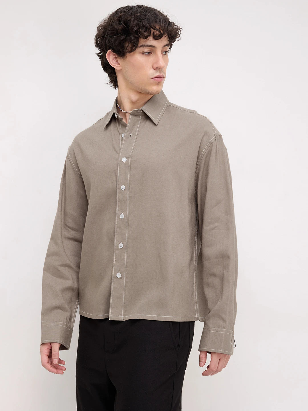 Luxe Soft Khaki Linen Blend Boxy Fit Crop Shirt